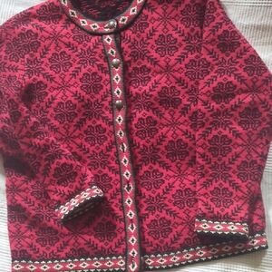 L.L. Bean Red and Black Patterned Cardigan